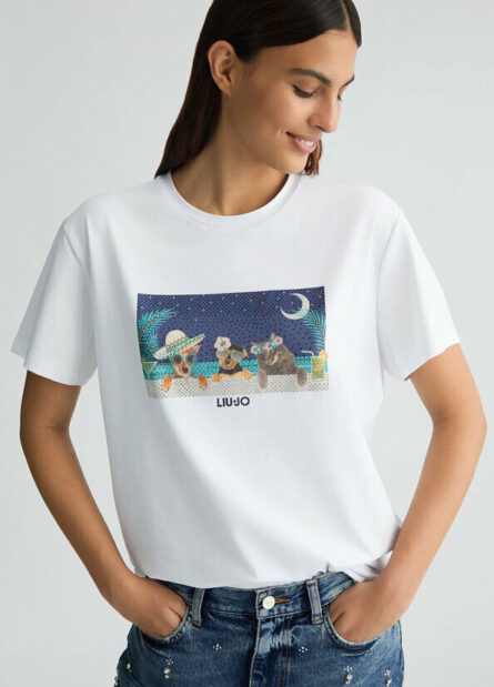 T-shirt con stampa e strass liu jo pe 25 art. wa5260