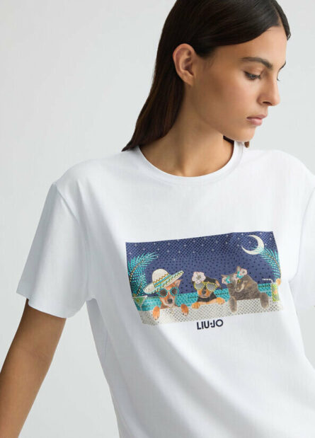 T-shirt con stampa e strass liu jo pe 25 art. wa5260