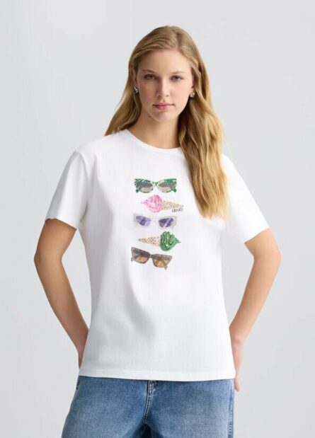 T-shirt con stampa e strass liu jo pe 25 art. wa5343