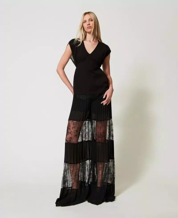 Pantalone in georgette plissè con pizzo twin set pe25 art. 251tp2782
