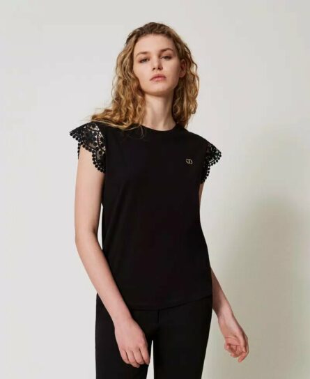 T-shirt co maniche ad aletta in pizzo twin set pe25 art. 251tt2411