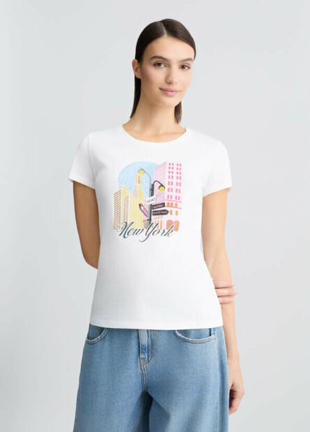 T- shirt in cotone con stampa e strass liu jo pe 25 art. wa5239