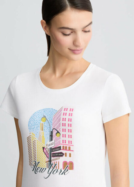 T- shirt in cotone con stampa e strass liu jo pe 25 art. wa5239