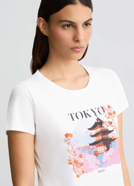 T- shirt in cotone con stampa e strass liu jo pe 25 art. wa5239