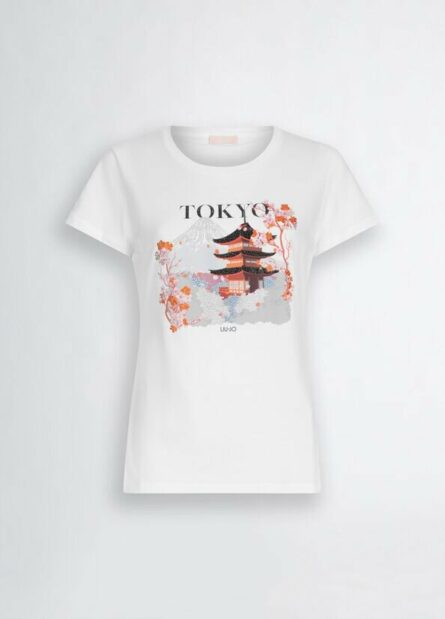 T- shirt in cotone con stampa e strass liu jo pe 25 art. wa5239