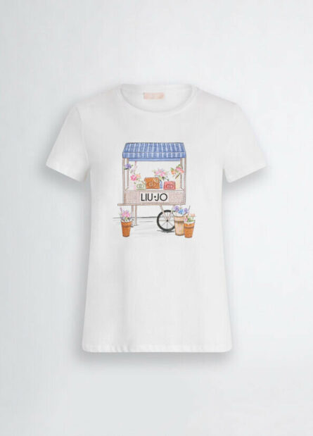 T-shirt con stampa e strass liu jo pe 25 art. wa5362