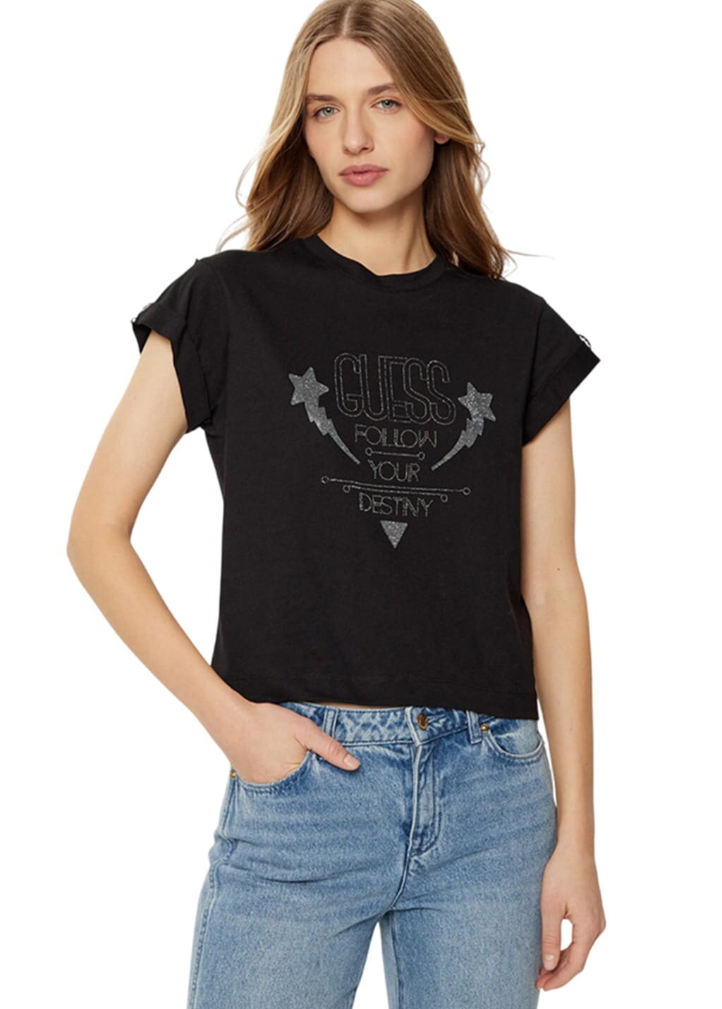 Ss Cn Sleeves Strass Guess t-Shirt Donna W5RI06 PE25.