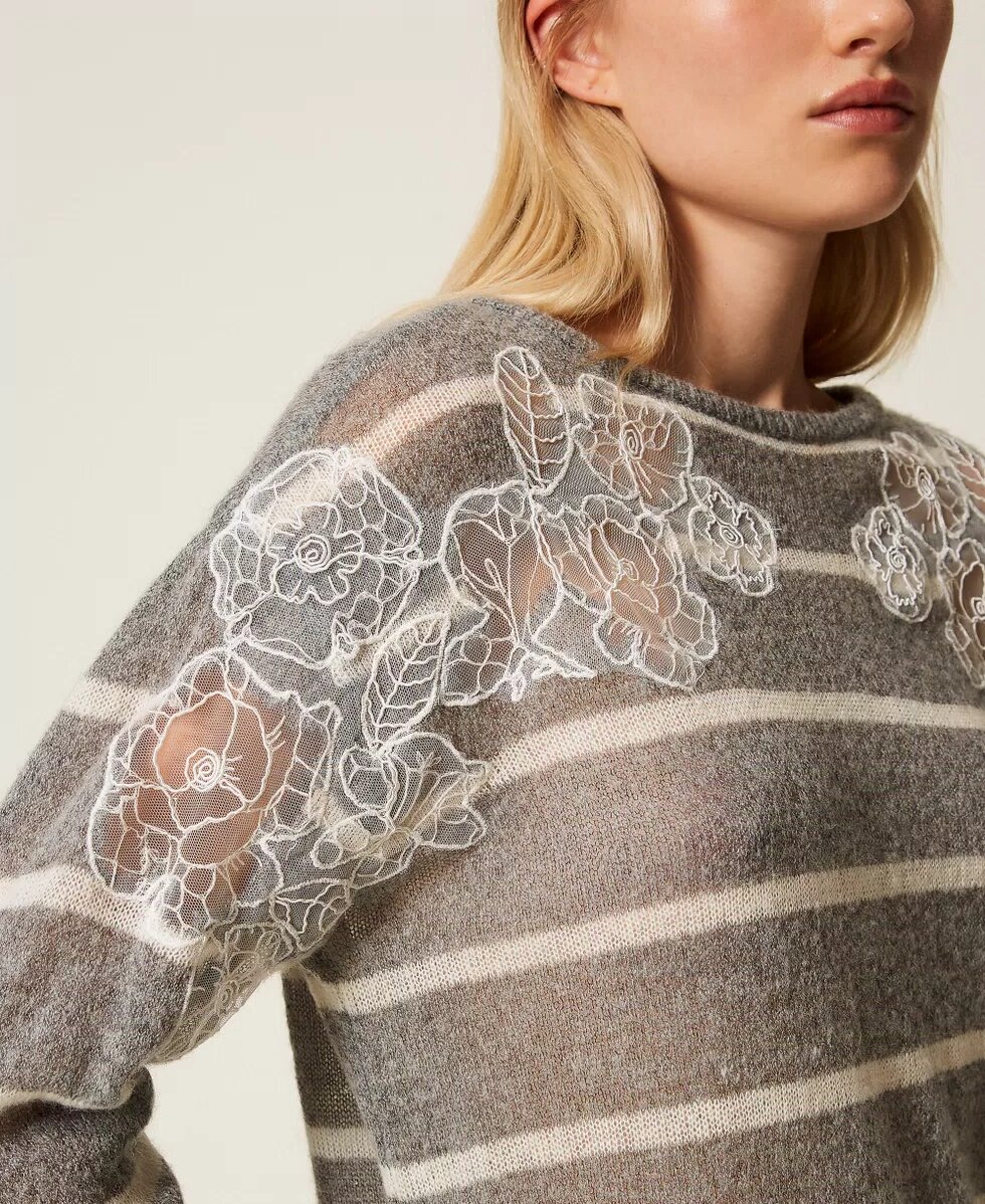 Pull Girocollo Bi-Colore Con Pizzo Ricam Twin Set 
 
  252TP3252AI25.26. - immagine 4